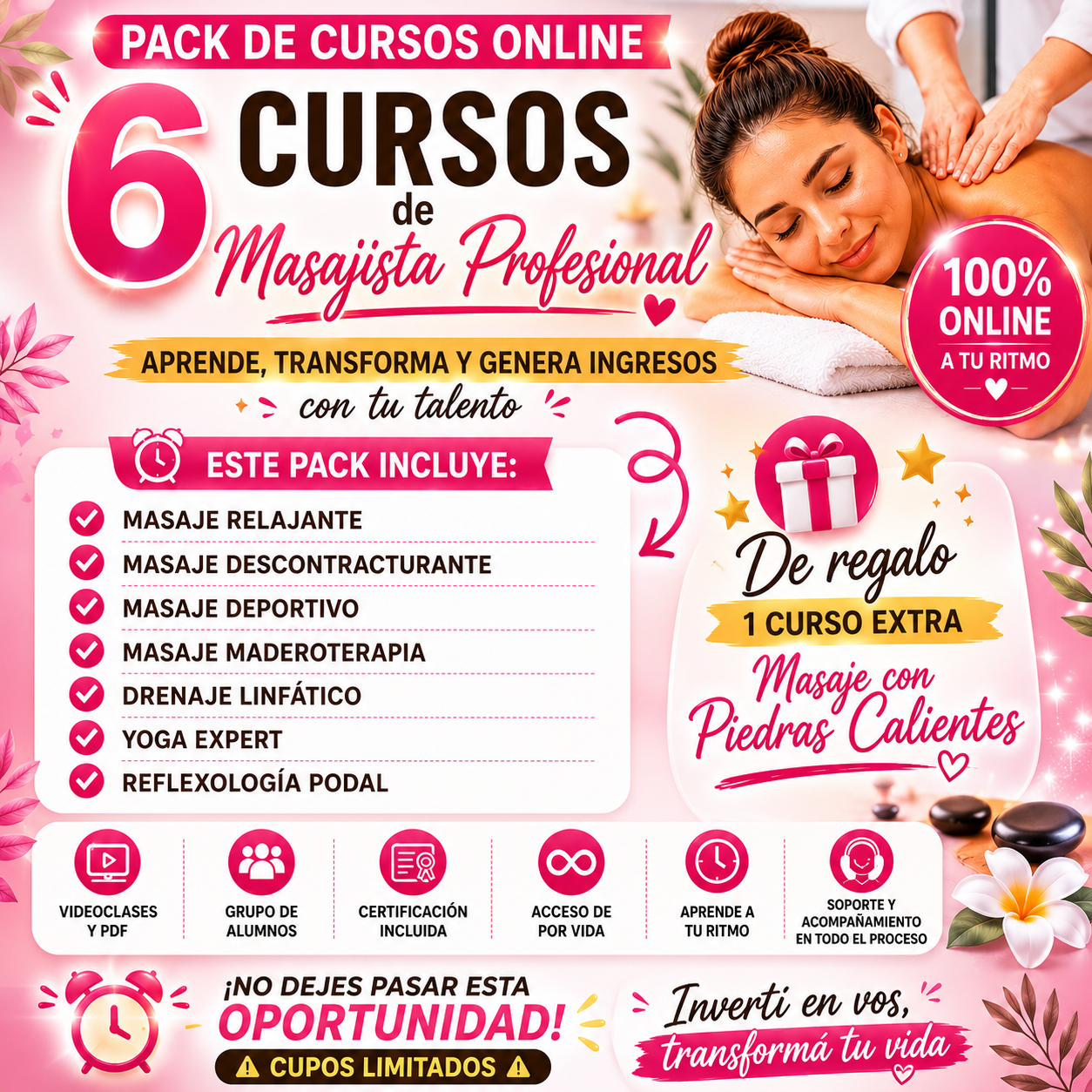 Pack de 6 CURSOS  MASAJISTA PROFESIONAL + BONO de regalo