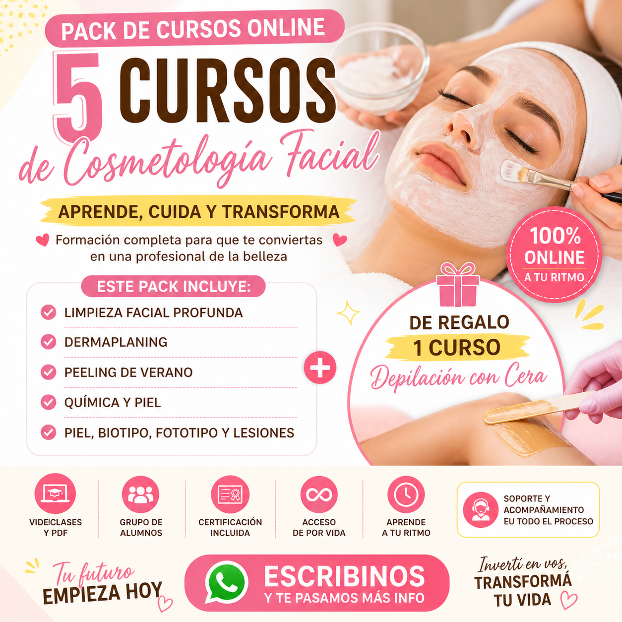 Pack de  5 CURSOS DE COSMETOLOGIA FACIAL + curso de regalo