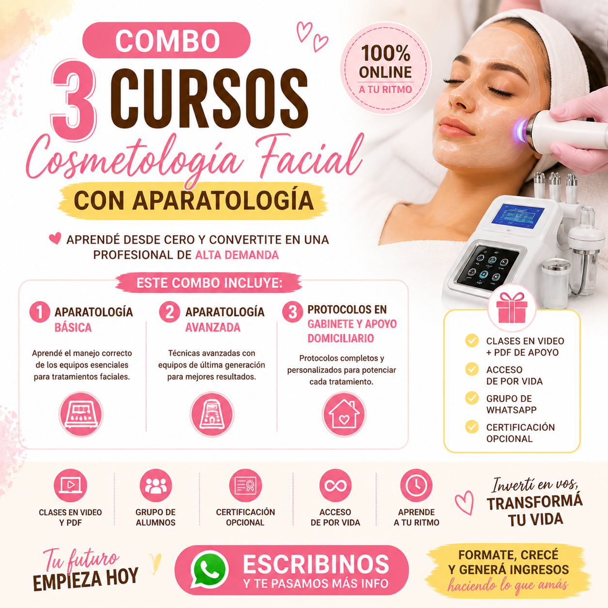 Pack de 3 CURSOS DE COSMETOLOGIA FACIAL CON APARATOLOGIA
