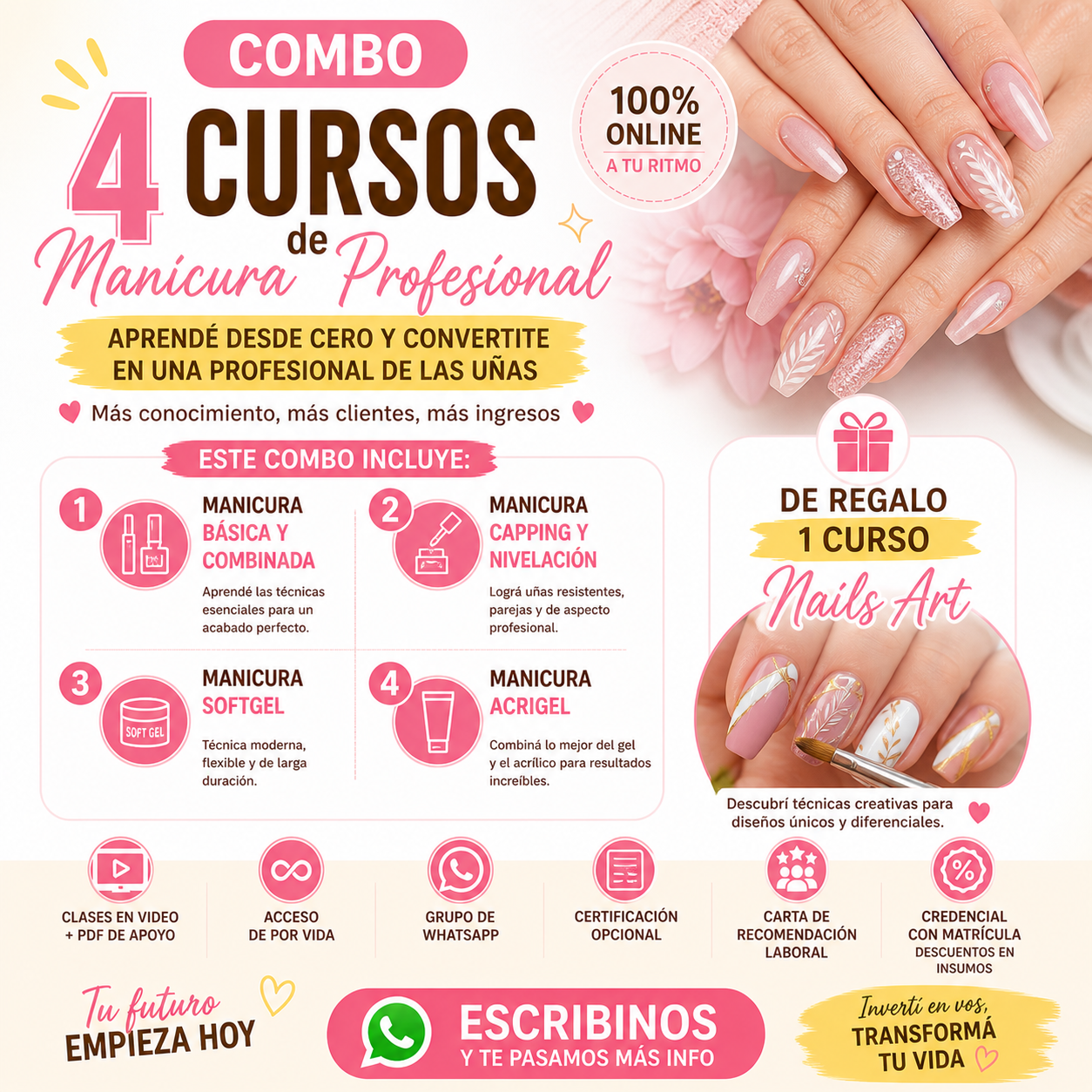 Pack  de 4 CURSOS DE MANICURA PROFESIONAL + CURSO NAIL ART de regalo