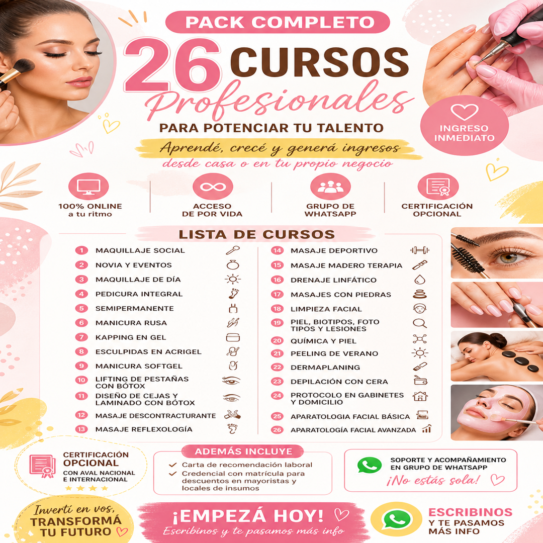 PACK DE 26 CURSOS de BELLEZA PROFESIONALES ONLINE  🎓